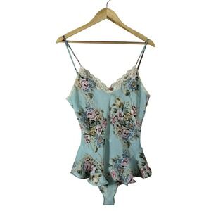 Delicates Floral Peplum Bodysuit Blue Lace Trim Cottagecore Coquette Size Small